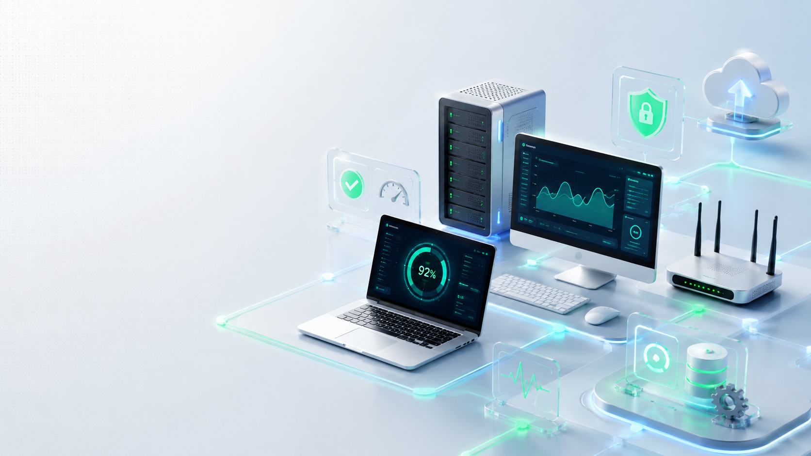 Computadores, servidor y router conectados a paneles de seguridad y respaldo
