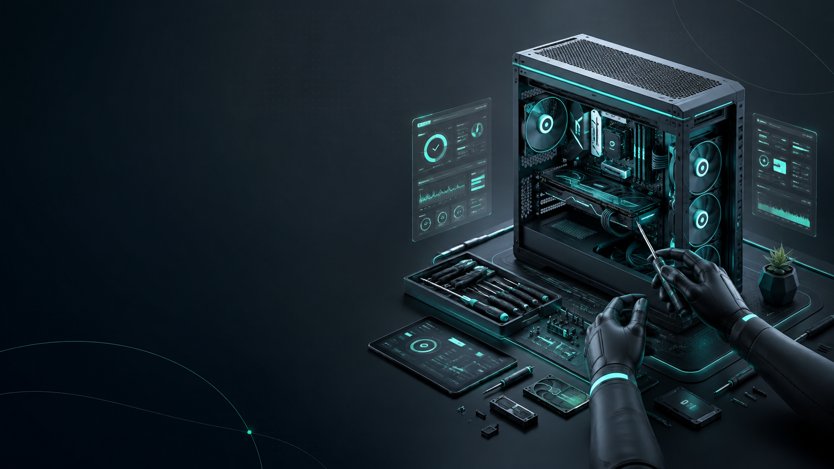 Técnico realizando mantenimiento interno a un computador de escritorio