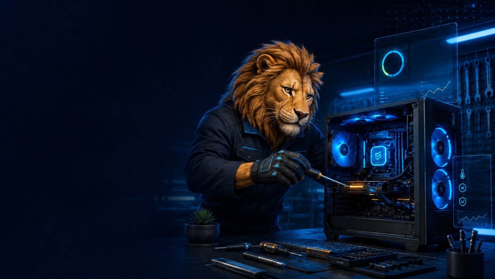 Personaje técnico con apariencia de león realizando mantenimiento a un computador